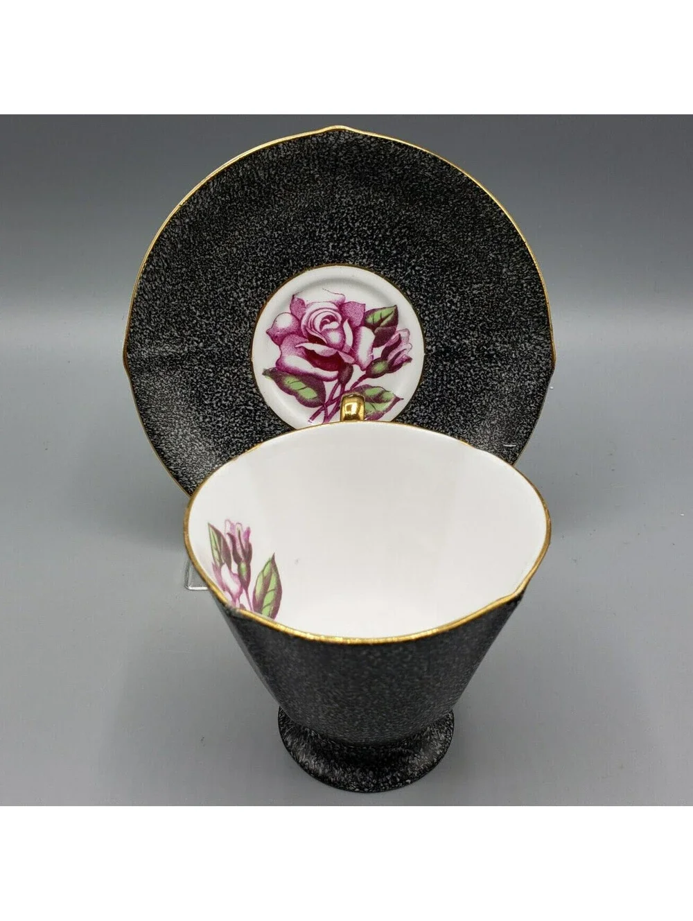 Vintage Roslyn Teacup & Saucer Fine Bone China Black Pink Tea Rose Elegant